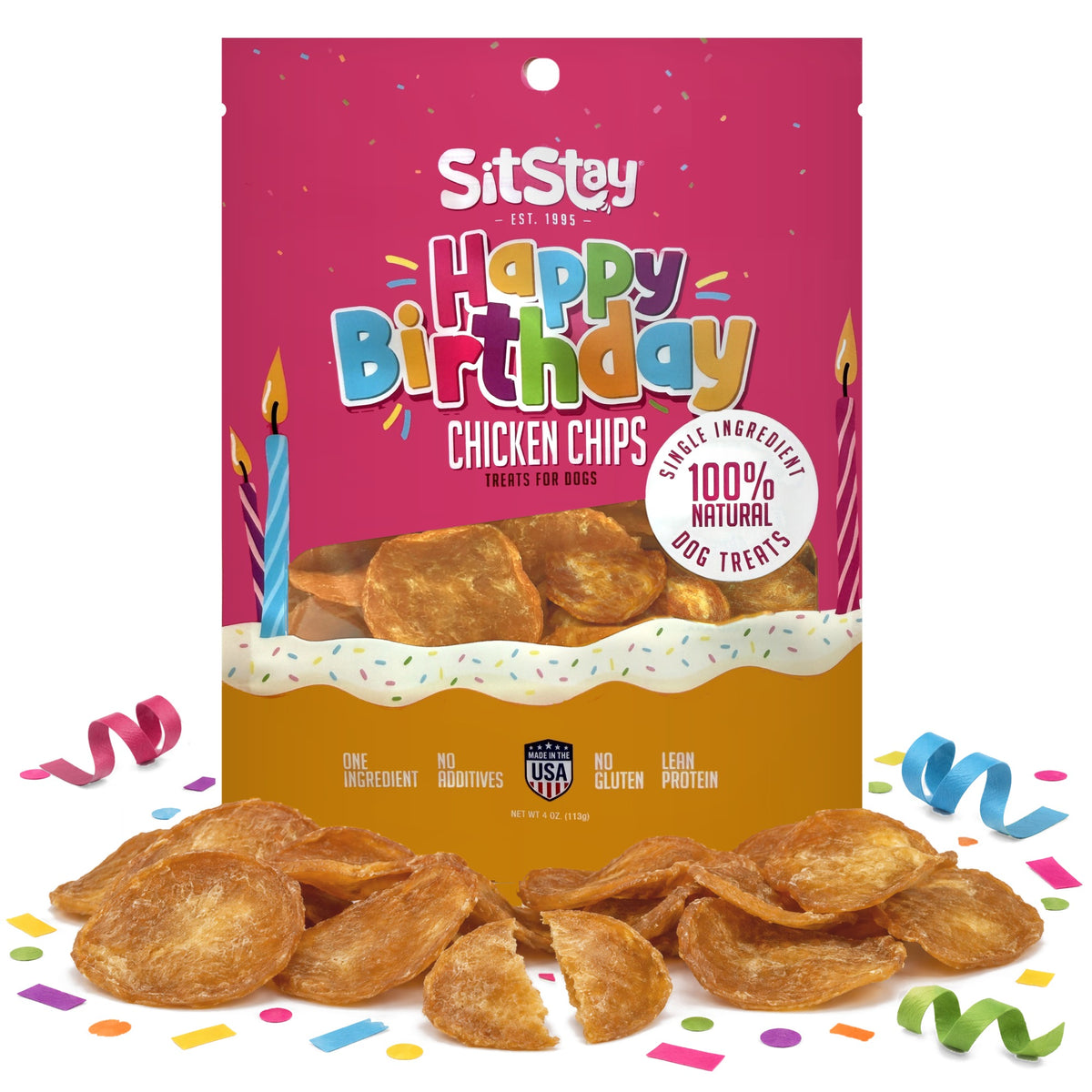 SitStay Happy Birthday Chicken Chips 4 oz bag