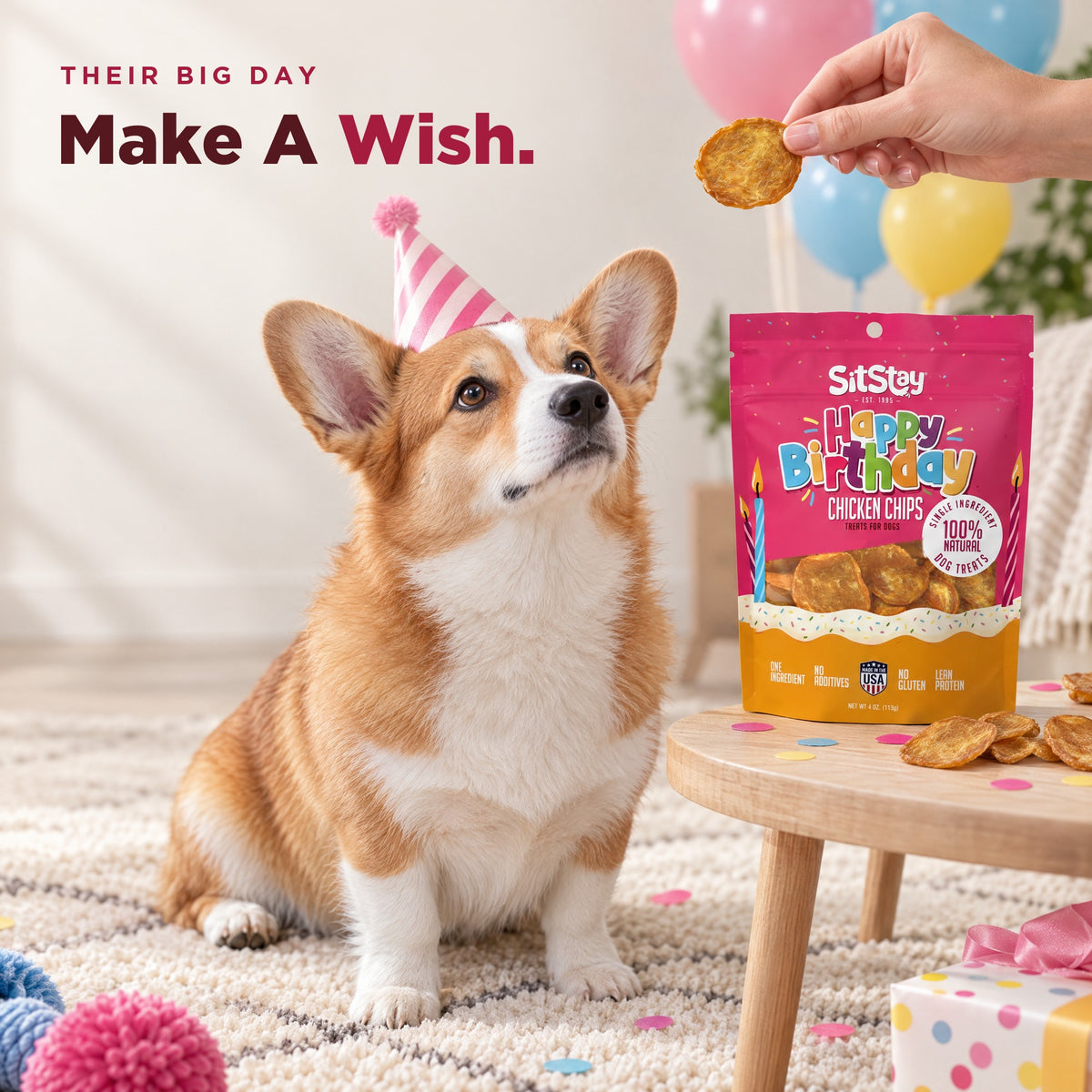 Make a wish: dog in a party hat with Happy Birthday Chicken Chips (AI-generated person)