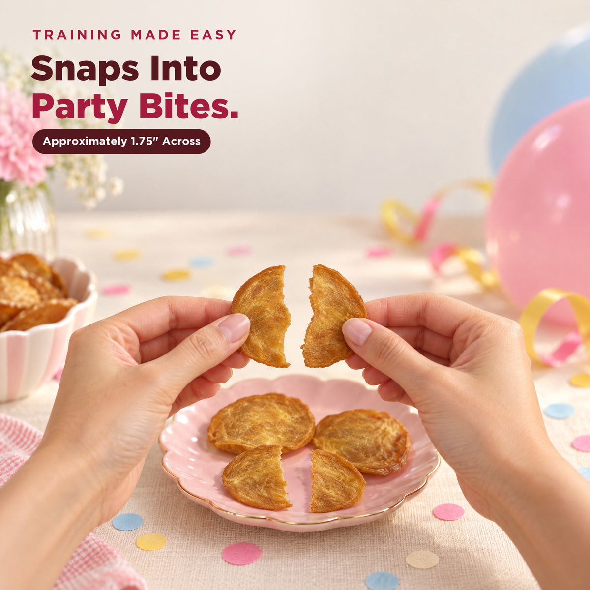 Chicken chip snapped into party-size bites (AI-generated person)