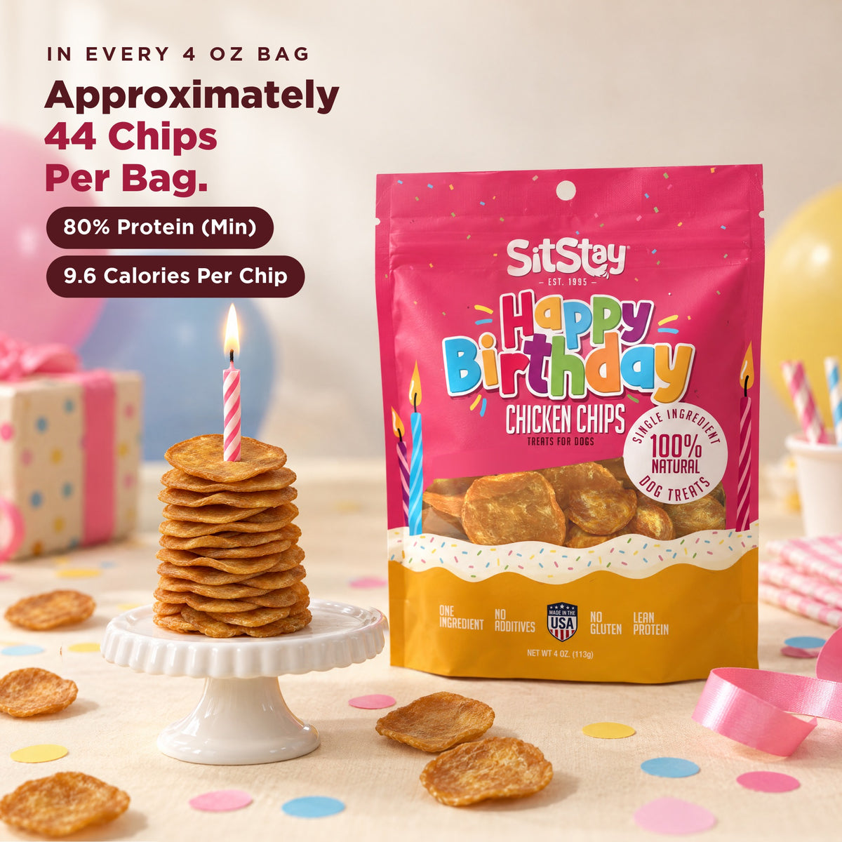 About 44 chicken chips in every 4 oz bag