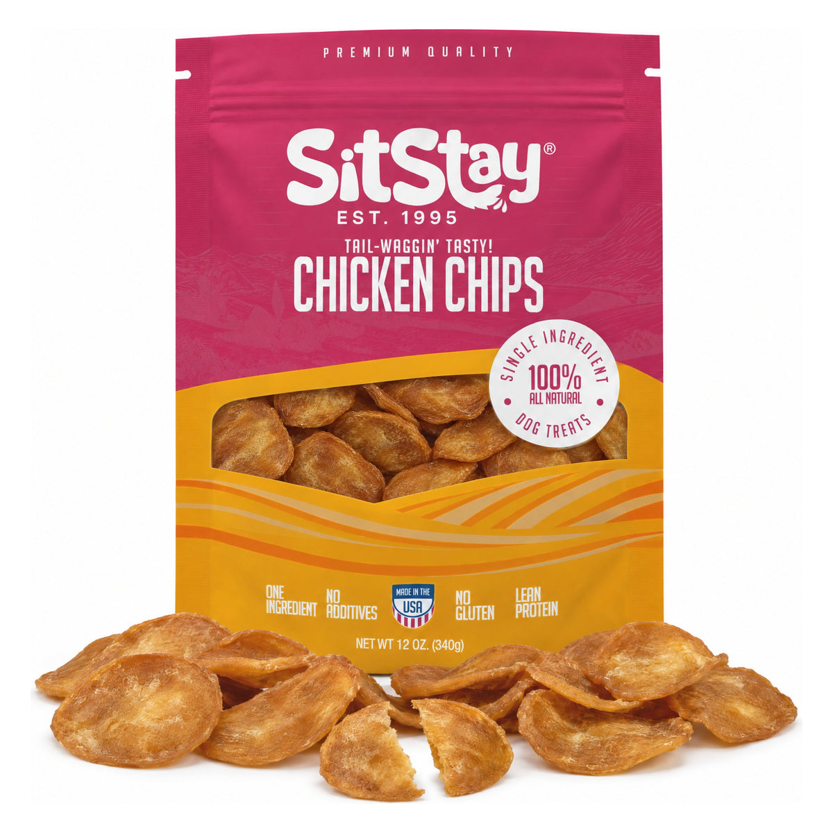 SitStay Chicken Chips 12 oz bag with loose chicken chips
