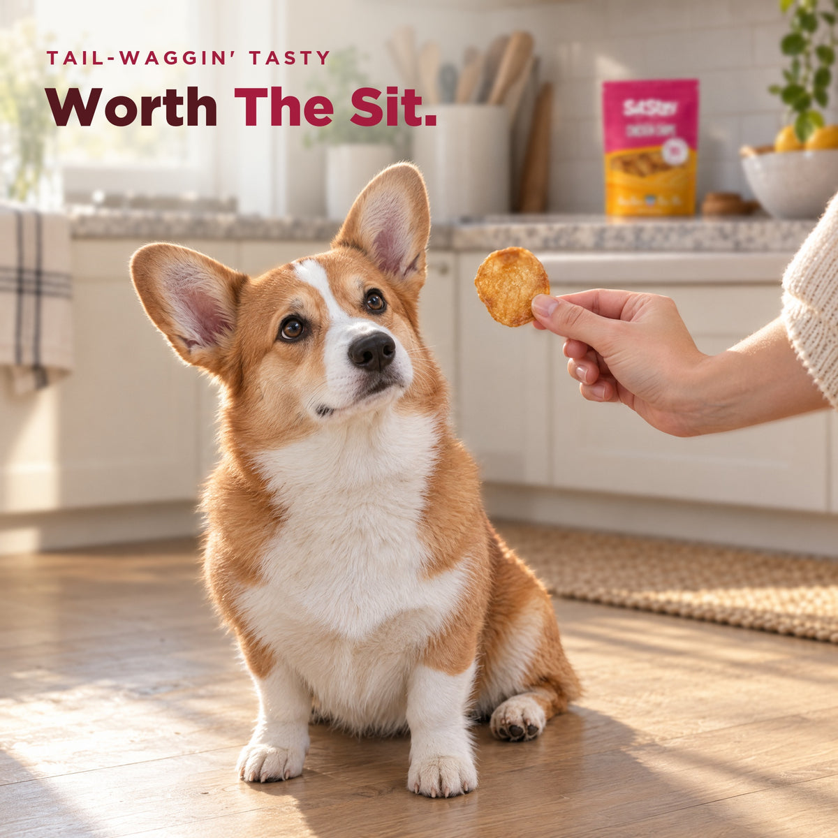 Corgi sitting for a SitStay Chicken Chip reward (AI-generated person)
