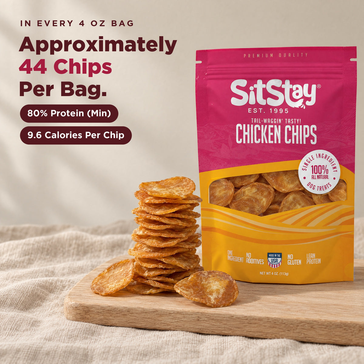 About 44 chicken chips in every 4 oz bag