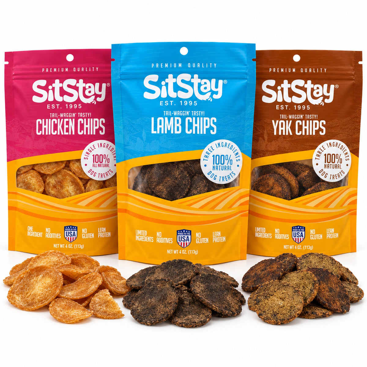 SitStay Chips Trio: Chicken, Lamb and Yak Chips 4 oz bags with loose chips in front