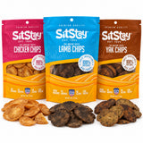 SitStay Chips Trio: Chicken, Lamb and Yak Chips 4 oz bags with loose chips in front