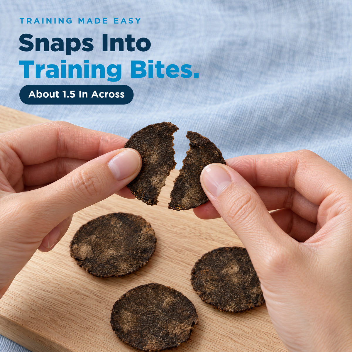 Lamb chip snapped by hand into small training bites (AI-generated person)
