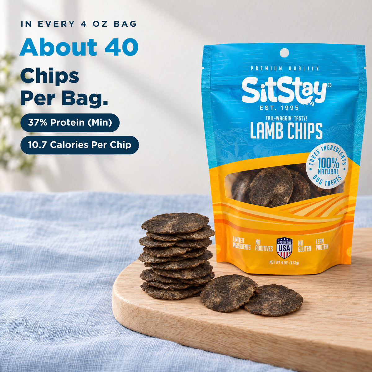 About 40 lamb chips in every 4 oz bag