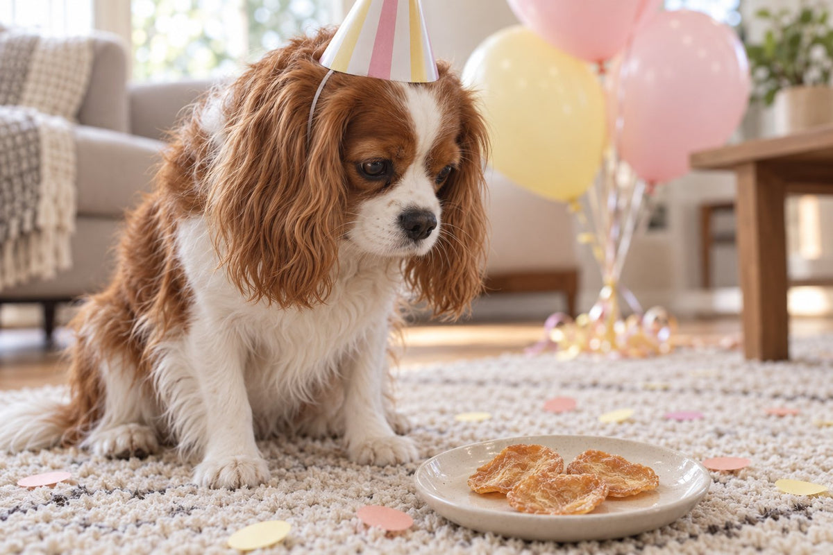 Cavalier King Charles Spaniel in a party hat with a plate of SitStay chicken chips