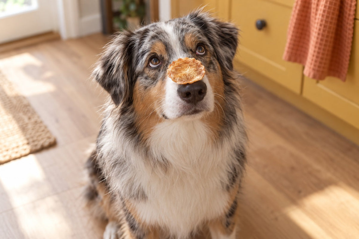 Australian Shepherd balancing a SitStay chicken chip on its nose in a sunny kitchen