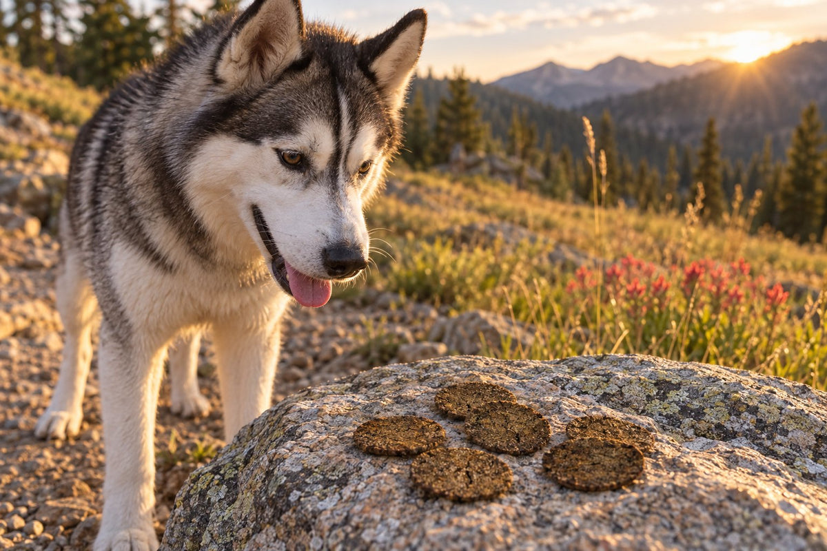Siberian Husky on a Colorado mountain trail looking at SitStay Yak Chips on a rock