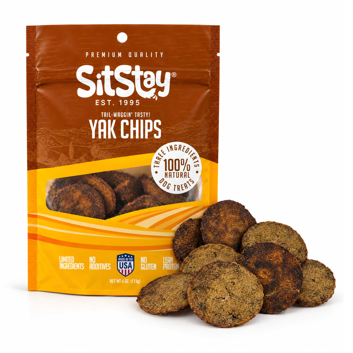 SitStay Yak Chips 4 oz bag with loose yak chips