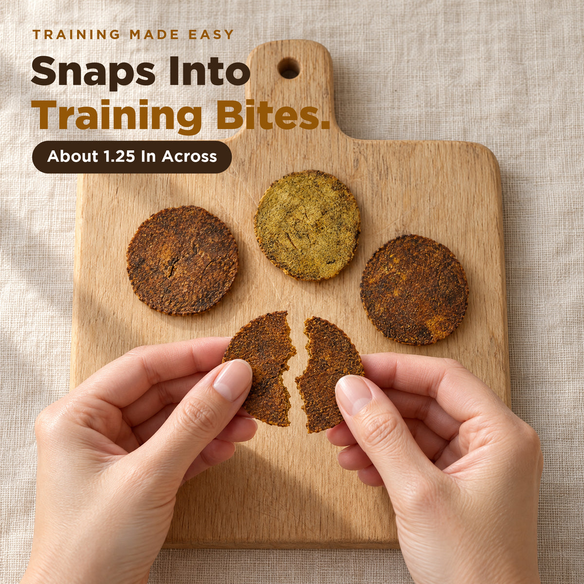 Yak chip snapped by hand into small training bites (AI-generated person)
