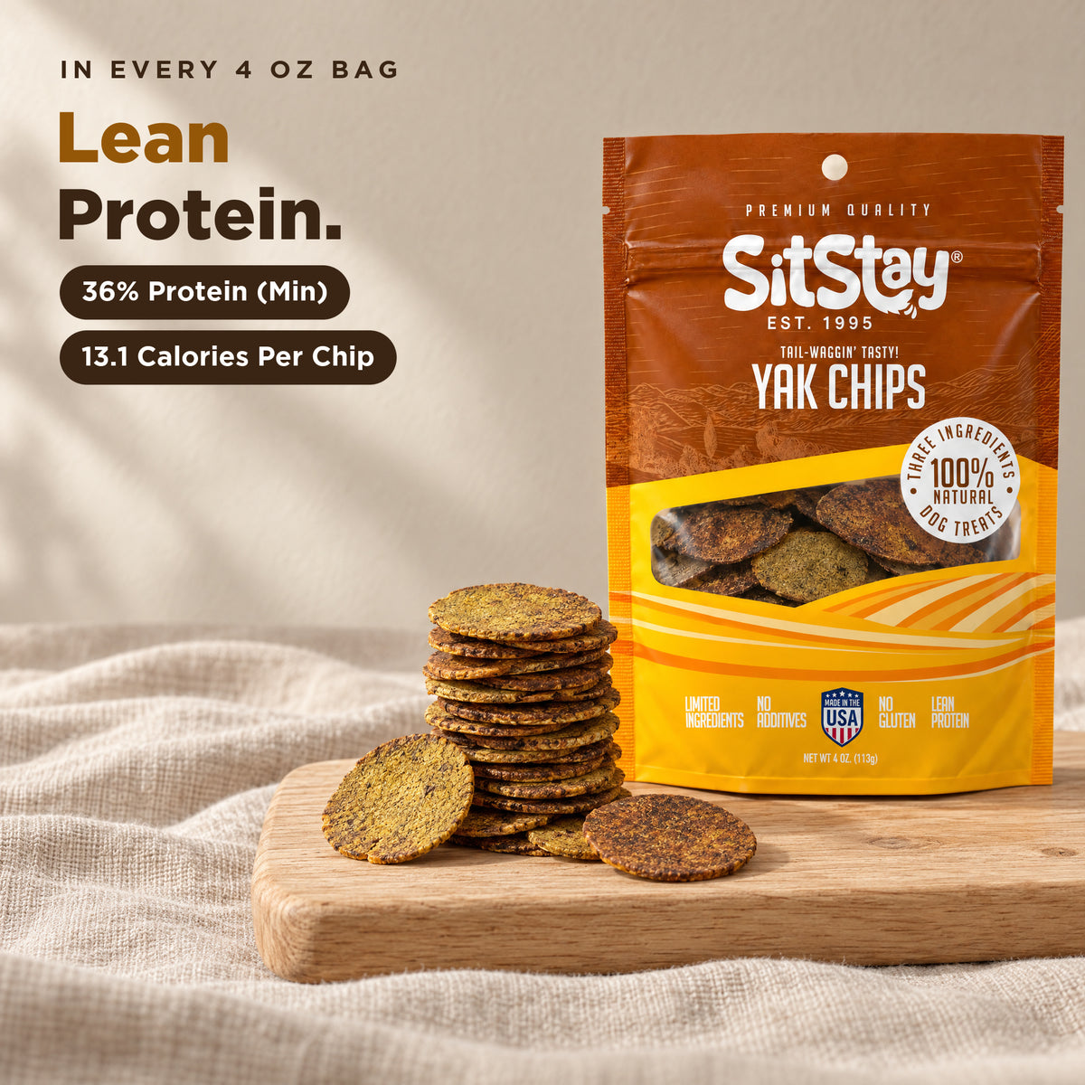 Lean protein yak chips stacked high